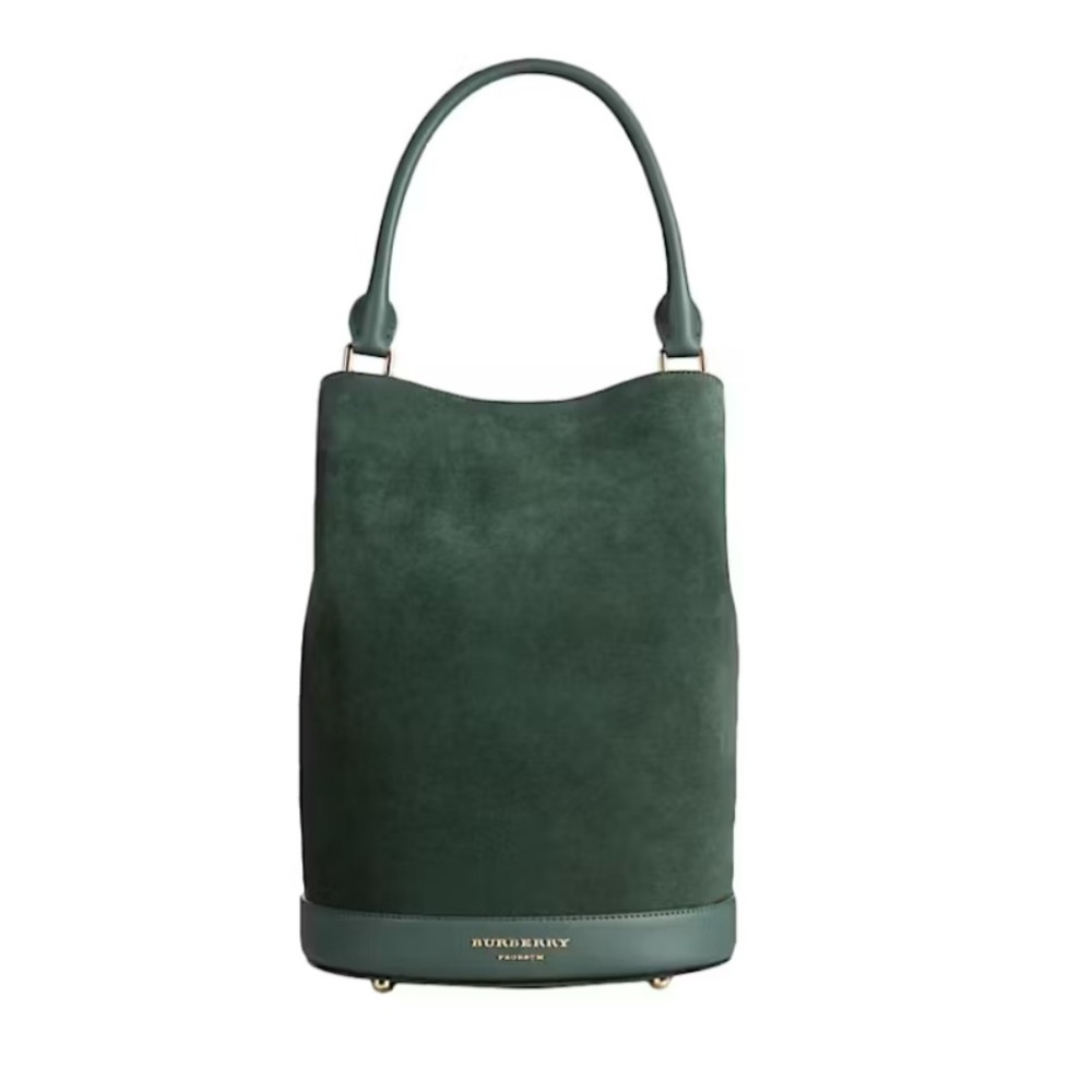 Like New Burberry Prorsum Green Suede‎ Leather Trim Bucket Bag Purse with Pouch